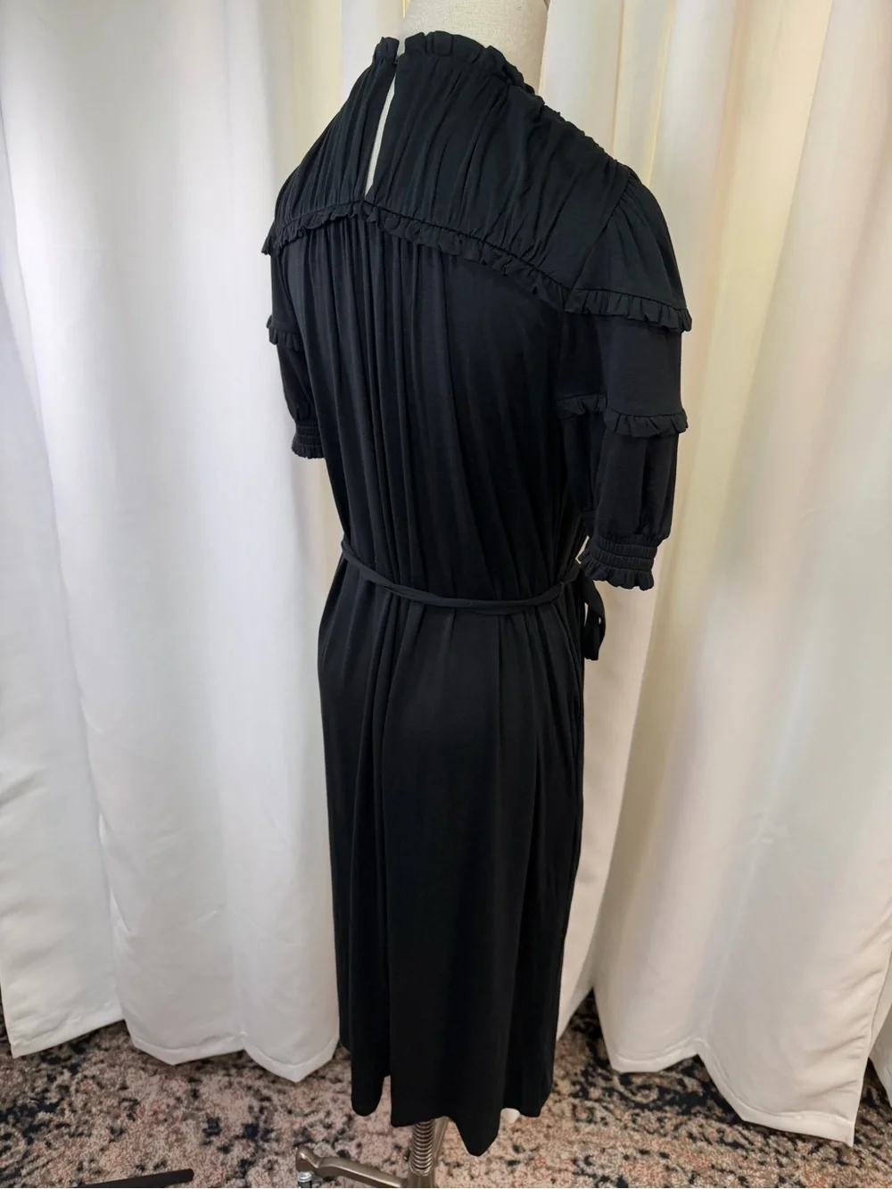 NWT Boden Black Ruffled Neck Puff Sleeve Jersey Midi Dress w/ Tie Waist Size 4P